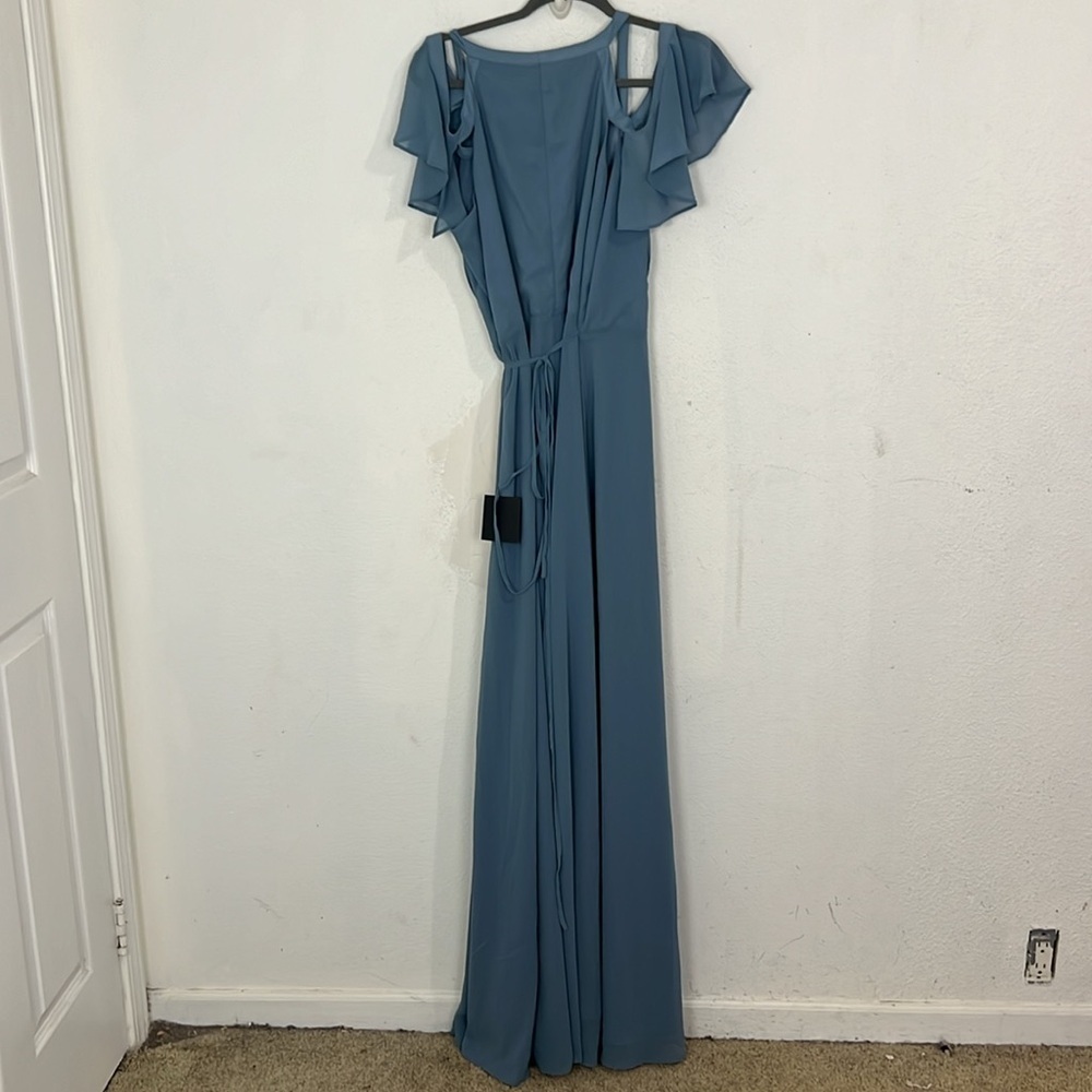 NWT Lulus Easy Listening Slate Blue Cold-Shoulder Wrap Maxi Dress - Picture 12 of 12